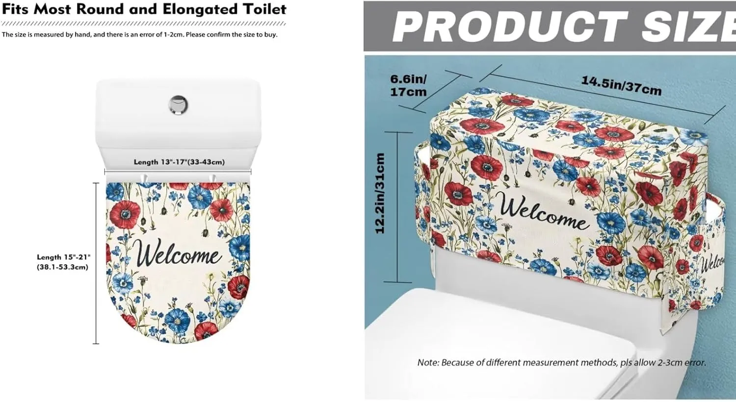 Toilet Lid Cover and Toilet Tank Lid Cover 2 Pieces,Welcome Flower Bathroom Accessories Indoor Decoration Fit for Most Round Elongated and Oblong Lids with Storage Bags
