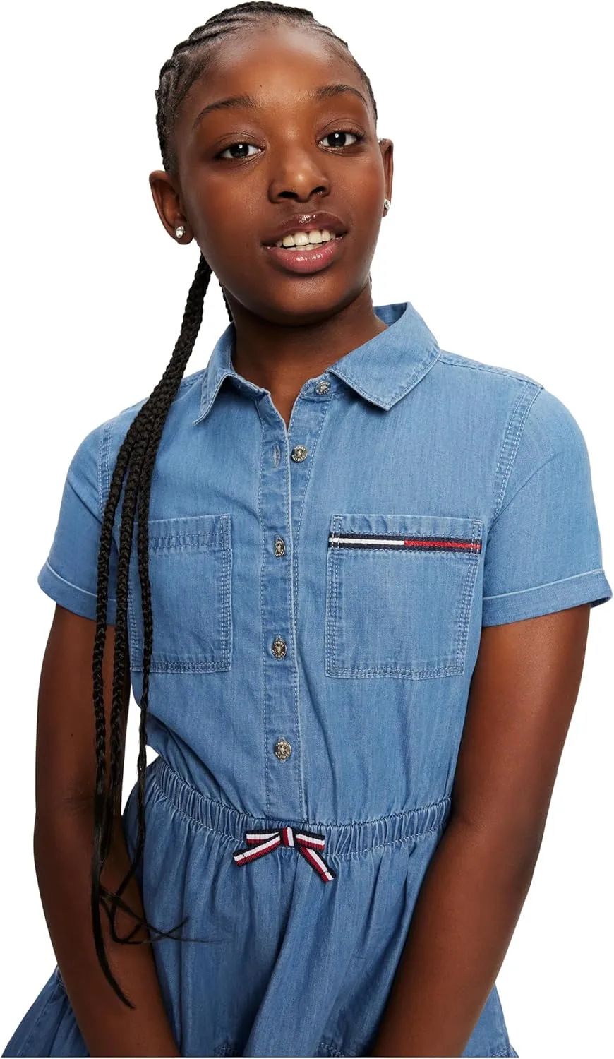 Tommy Hilfiger Girl's Short Sleeve Lightweight Denim Dress, Collared With Cinched Waist
