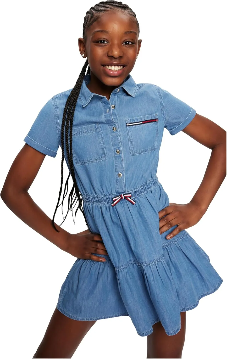 Tommy Hilfiger Girl's Short Sleeve Lightweight Denim Dress, Collared With Cinched Waist