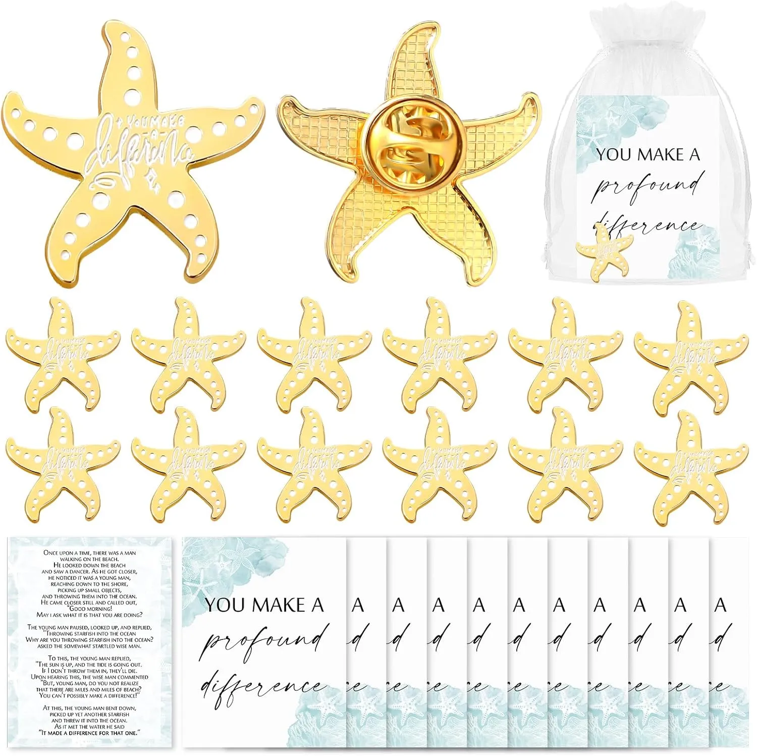 Tondiamo 24 Sets Starfish Story Gifts Bulk Graduation Employee Appreciation Pins You Make a Difference Starfish Shaped Lapel Pins Card Bag Cna Week Gift for Nurse Teacher Coworker Team Volunteer