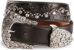 Tony Lama Women's Kaitlyn Crystal Scalloped Leather Western Belt Black 38