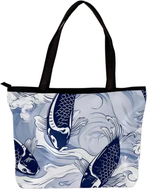 Tote Bags for Women,Womens Handbags,Small Tote Bag,Blue Fish Luck Koi