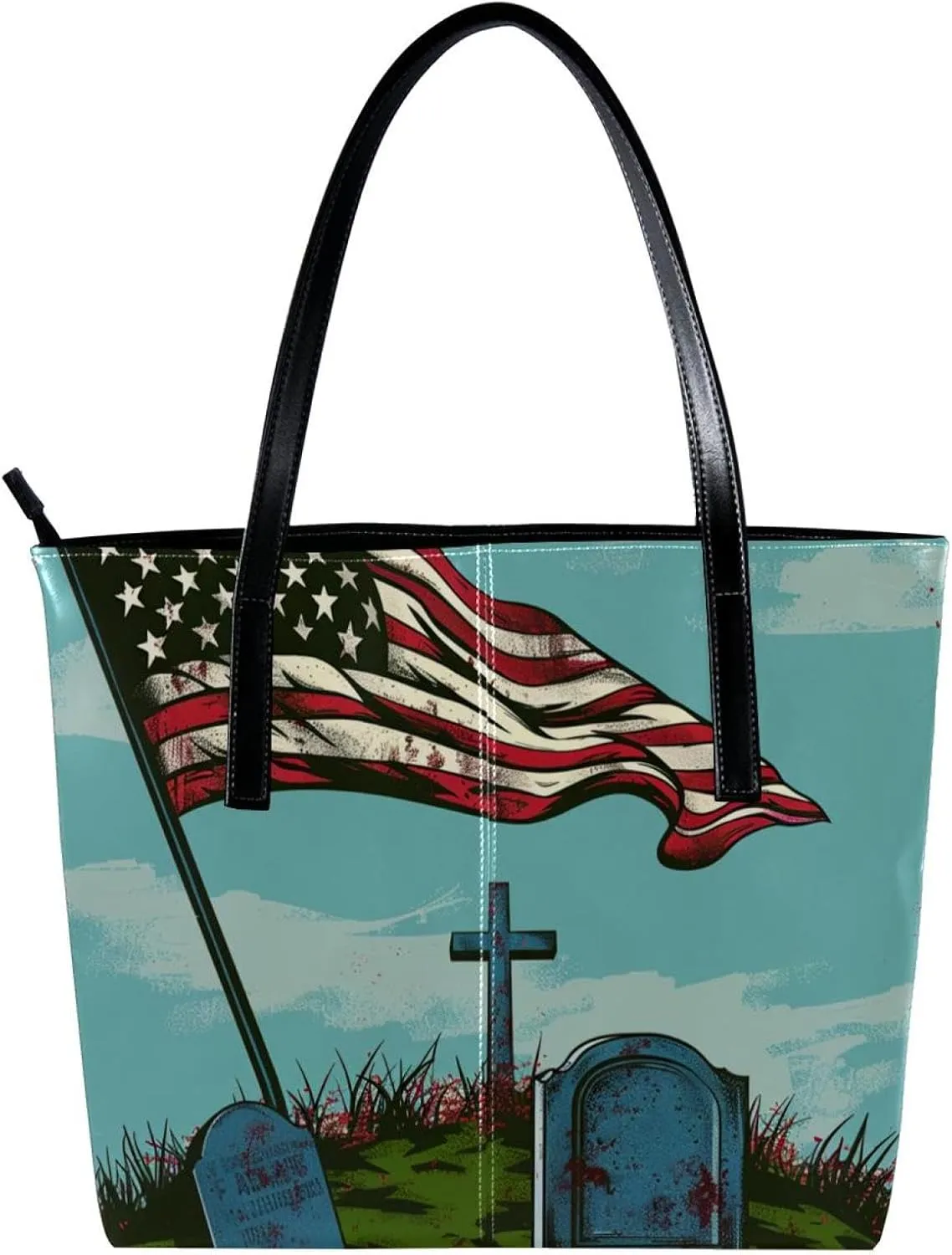 Tote Bags, Large Tote Bag, Tote Bag with Zipper, Memorial Day Cartoon Pattern, Womens Tote Bags for Work