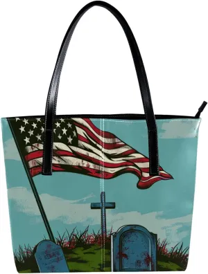 Tote Bags, Large Tote Bag, Tote Bag with Zipper, Memorial Day Cartoon Pattern, Womens Tote Bags for Work