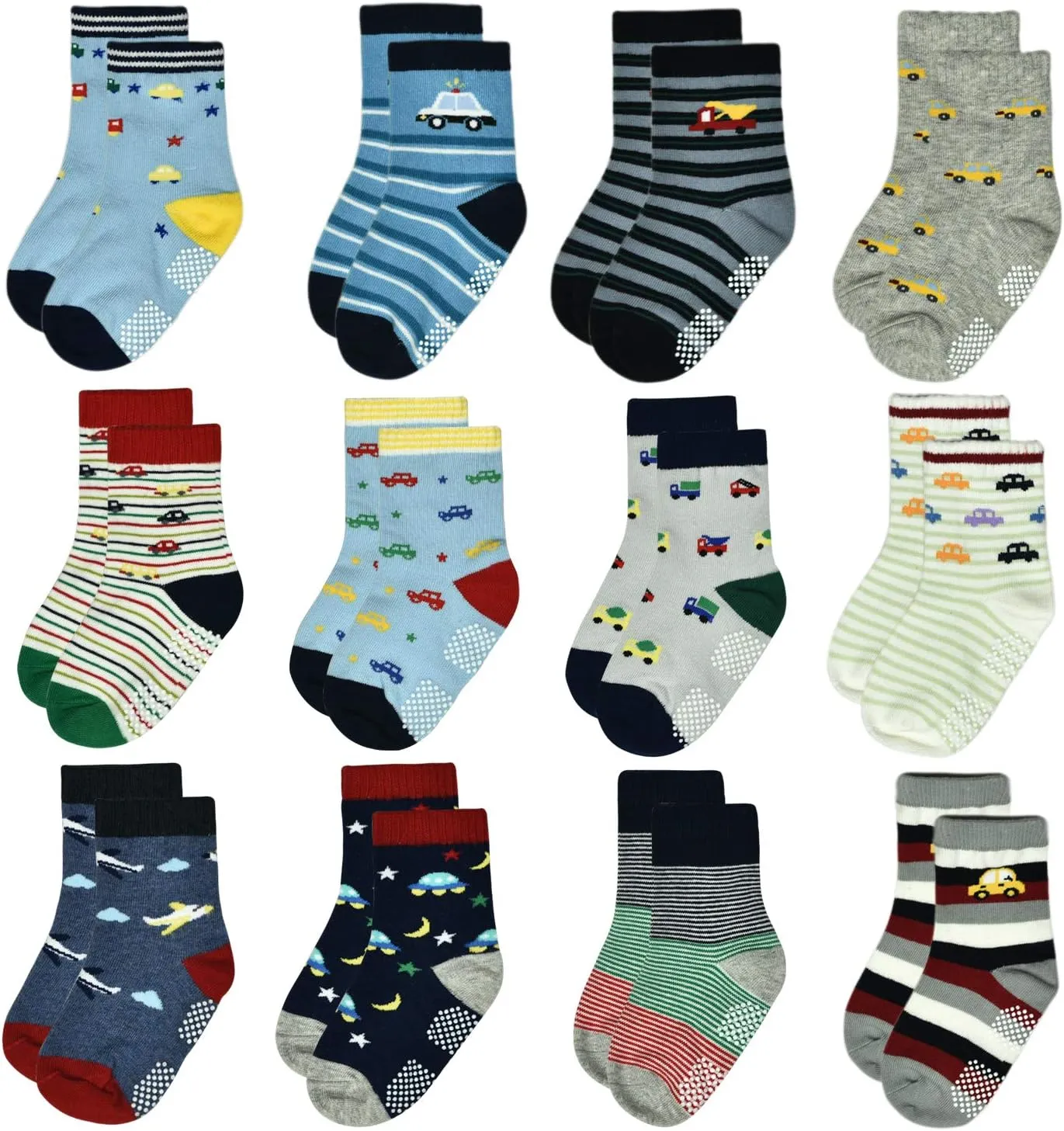 Tphon 12 Pairs Toddler Non Skid Socks with Grips Anti Slip Bottom, Cotton Non Slip Ankle Crew Socks for Boys, Girls, Kids(1-7Years)
