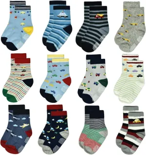 Tphon 12 Pairs Toddler Non Skid Socks with Grips Anti Slip Bottom, Cotton Non Slip Ankle Crew Socks for Boys, Girls, Kids(1-7Years)