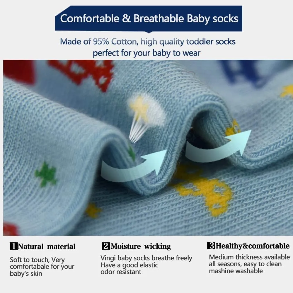 Tphon 12 Pairs Toddler Non Skid Socks with Grips Anti Slip Bottom, Cotton Non Slip Ankle Crew Socks for Boys, Girls, Kids(1-7Years)