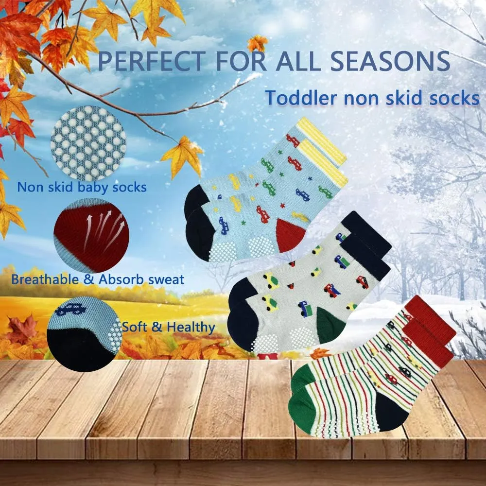 Tphon 12 Pairs Toddler Non Skid Socks with Grips Anti Slip Bottom, Cotton Non Slip Ankle Crew Socks for Boys, Girls, Kids(1-7Years)