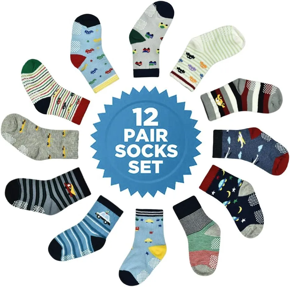 Tphon 12 Pairs Toddler Non Skid Socks with Grips Anti Slip Bottom, Cotton Non Slip Ankle Crew Socks for Boys, Girls, Kids(1-7Years)