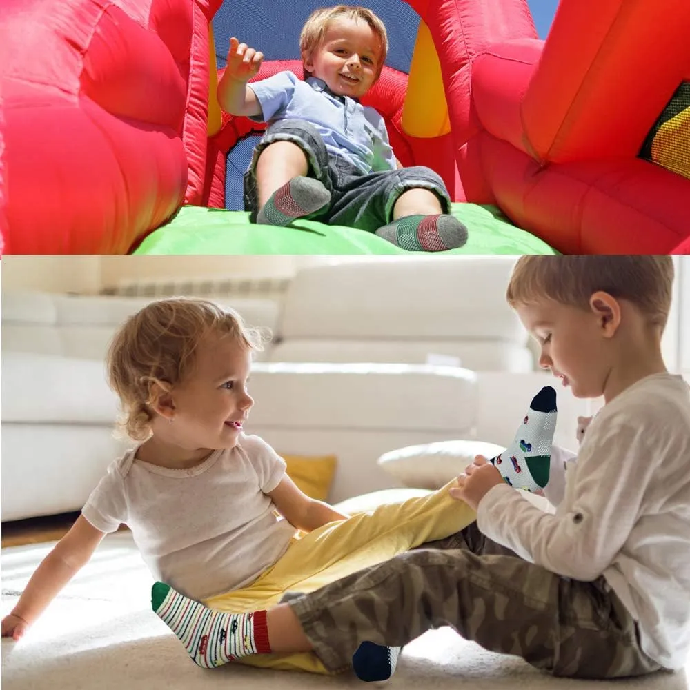 Tphon 12 Pairs Toddler Non Skid Socks with Grips Anti Slip Bottom, Cotton Non Slip Ankle Crew Socks for Boys, Girls, Kids(1-7Years)