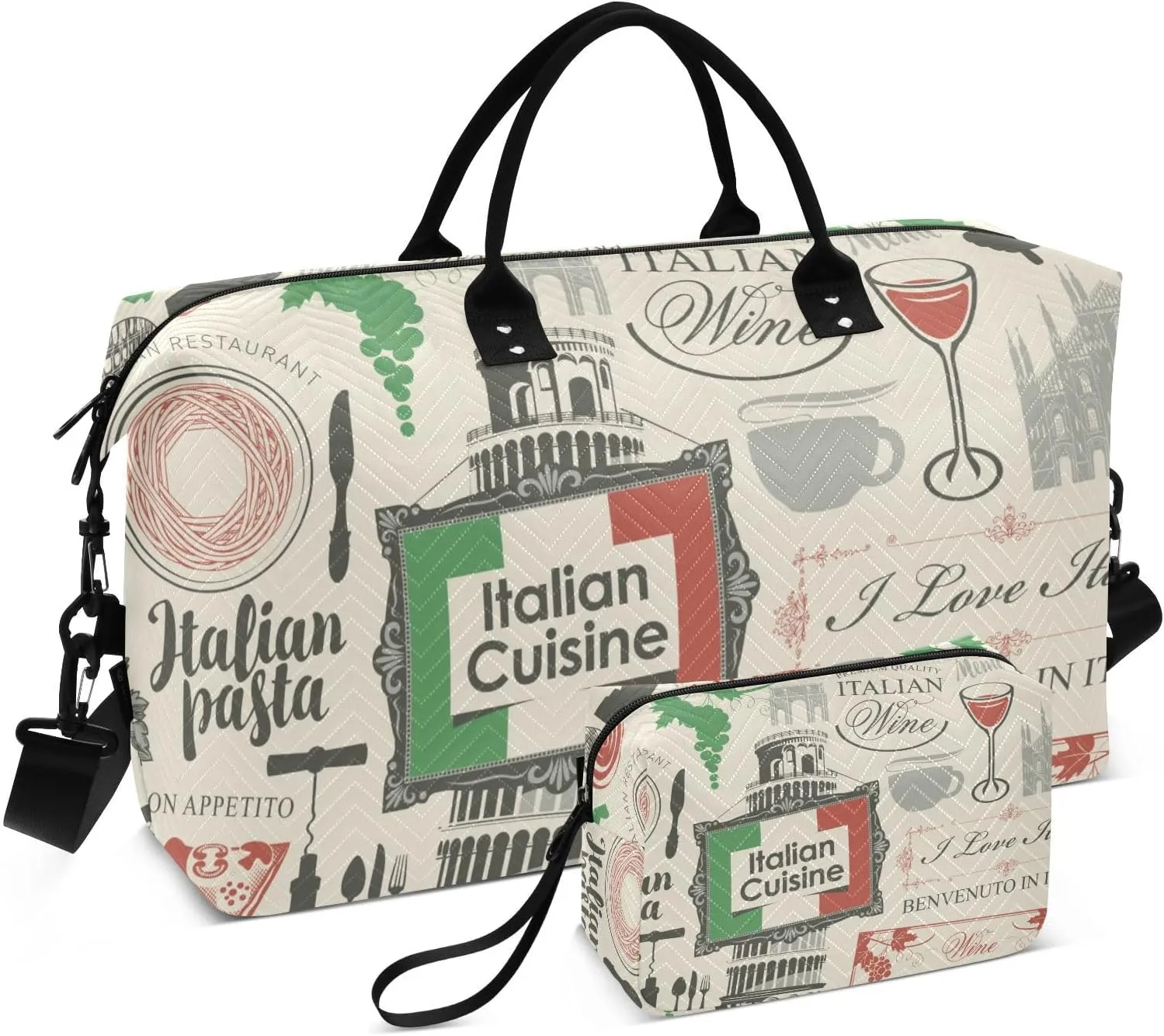 Travel Bag Set Retro Italian Pattern Quilted Gym Duffel Bag Overnight Weekender Bags