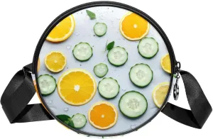 Travel Crossbody Bags for Women, Round, Shoulder Bag, Orange Cucumber Pattern