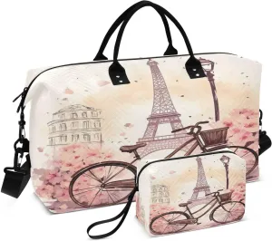 Travel Duffel Bag Large Weekender Overnight Bags for Women Men, Romantic Paris Pattern Gym Bag with Toiletry Bag