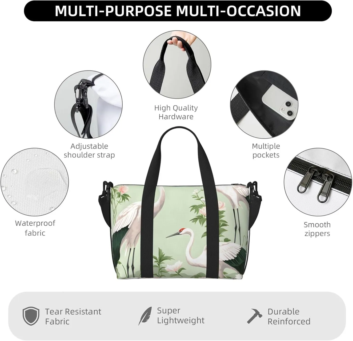 Travel Duffle Bag Crane Japanese Pattern Weekender Overnight Bags Luggage Bag for Women Men Waterproof Sports Gym Bag Hand Bag with Shoulder Strap