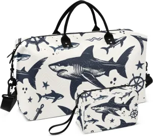 Travel Duffle Bag, Seamless Sketch Shark Pattern Gym Bag with Storage Bag Weekender Overnight Bag for Men Women Trip Sports Yoga