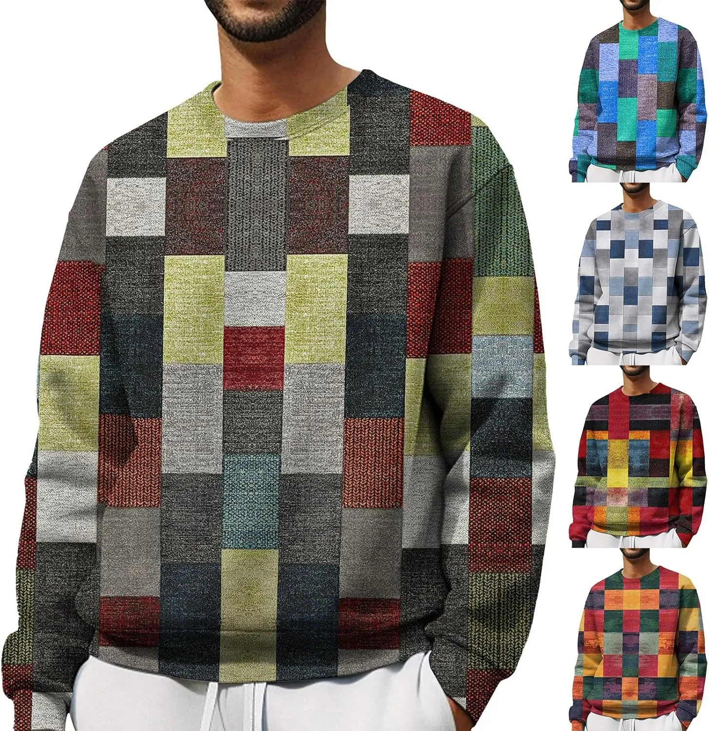 Trendy Crewneck Sweatshirt for Men 2024 Designed Long Sleeve Color Block Pullover Casual Fall Loose Fit Midweight Top