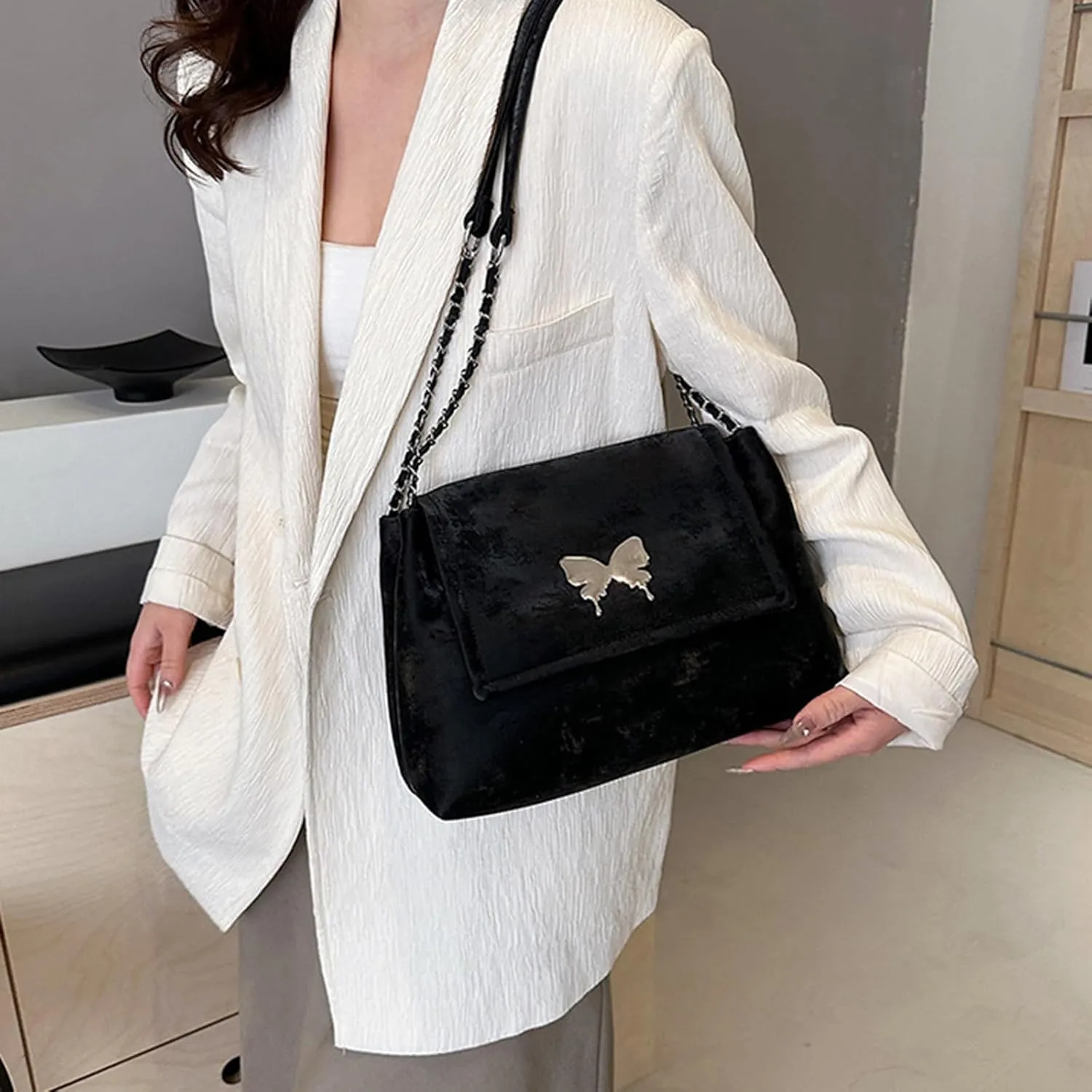 Trendy Hobo Shoulder Bags for Women Butterfly PU Leather Purses and Handbags Ladies Top-Handle Bags with Chain