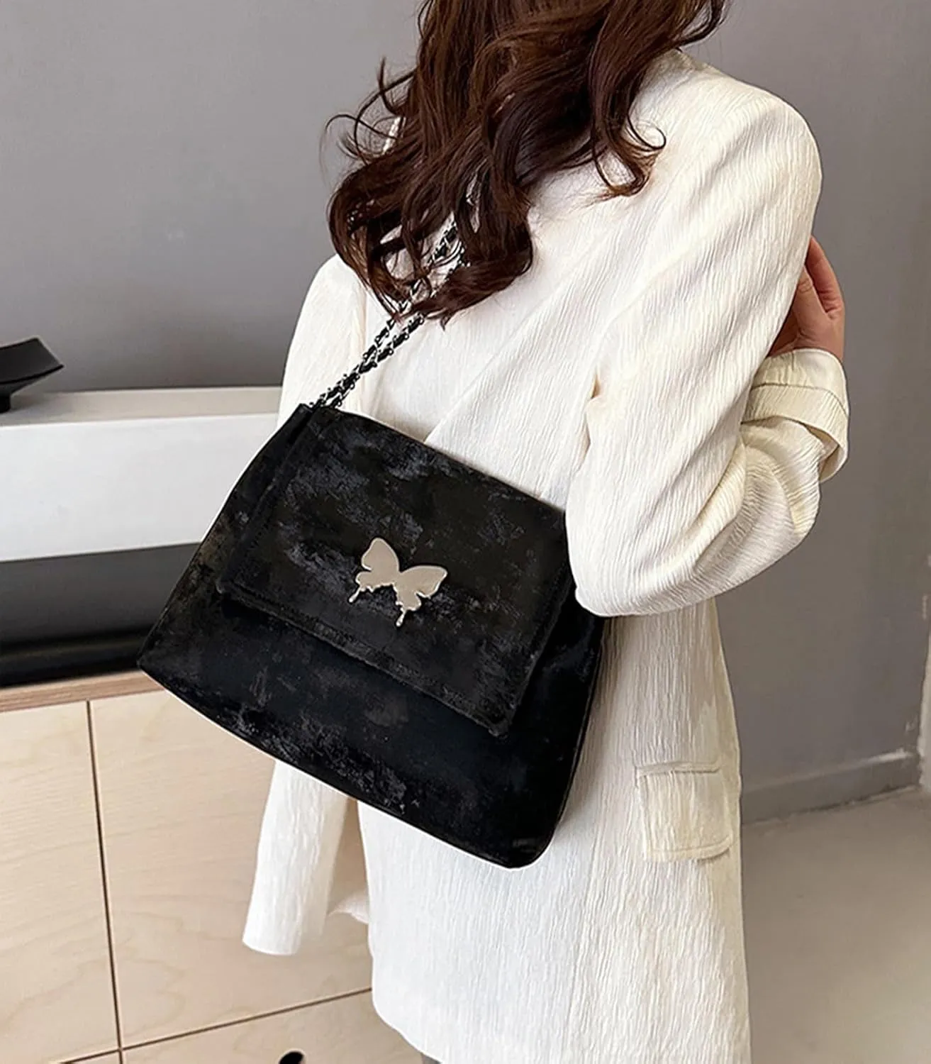 Trendy Hobo Shoulder Bags for Women Butterfly PU Leather Purses and Handbags Ladies Top-Handle Bags with Chain