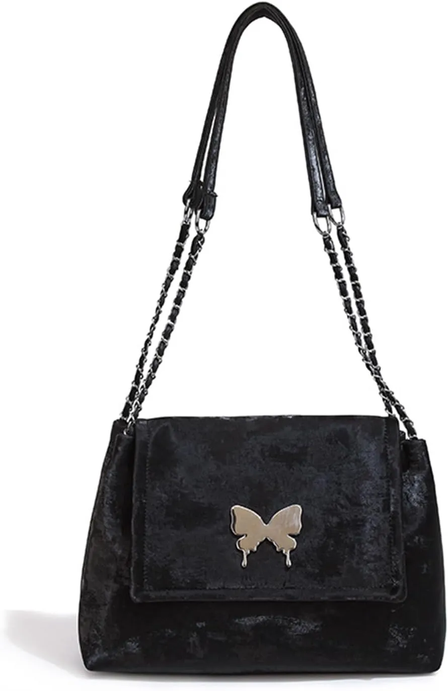 Trendy Hobo Shoulder Bags for Women Butterfly PU Leather Purses and Handbags Ladies Top-Handle Bags with Chain