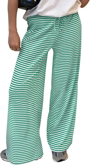 Trendy Queen Womens Striped Ribbed Wide Leg Pants Casual Drawstring Elastic Waist Baggy Sweatpants with Pockets