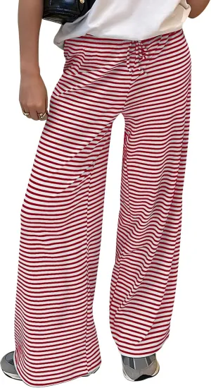 Trendy Queen Womens Striped Ribbed Wide Leg Pants Casual Drawstring Elastic Waist Baggy Sweatpants with Pockets
