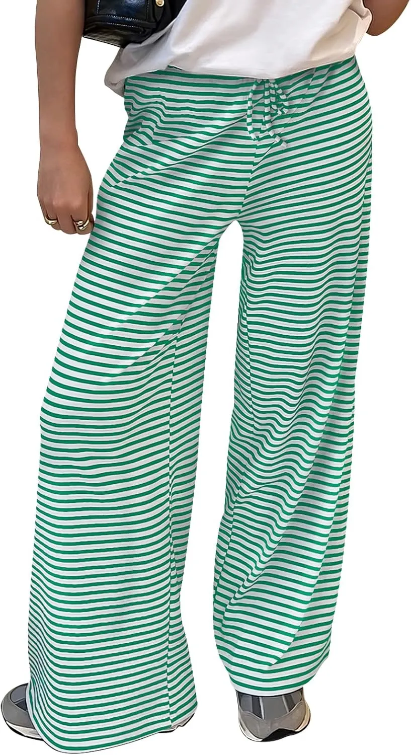 Trendy Queen Womens Striped Ribbed Wide Leg Pants Casual Drawstring Elastic Waist Baggy Sweatpants with Pockets