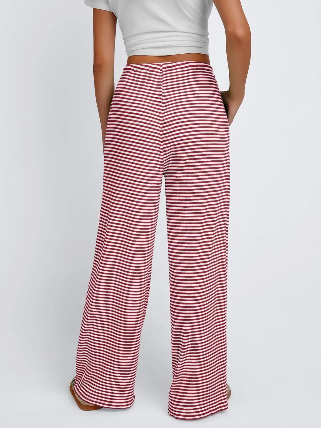 Trendy Queen Womens Striped Ribbed Wide Leg Pants Casual Drawstring Elastic Waist Baggy Sweatpants with Pockets
