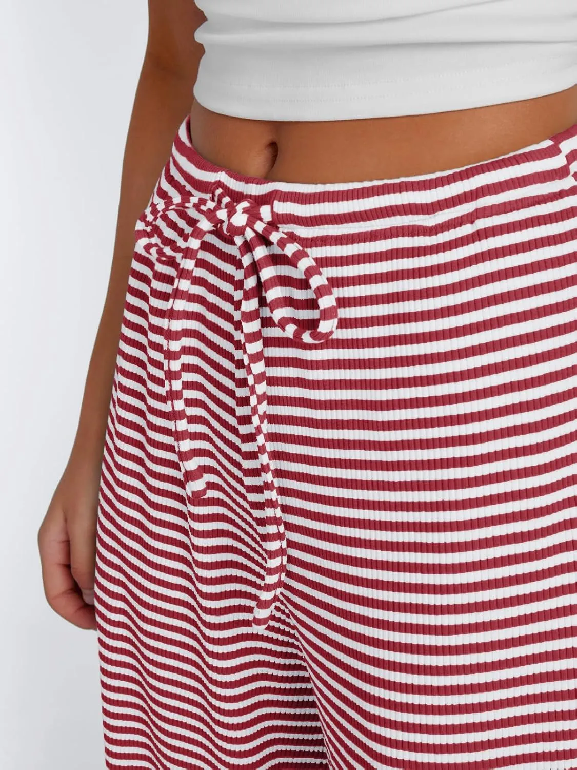 Trendy Queen Womens Striped Ribbed Wide Leg Pants Casual Drawstring Elastic Waist Baggy Sweatpants with Pockets