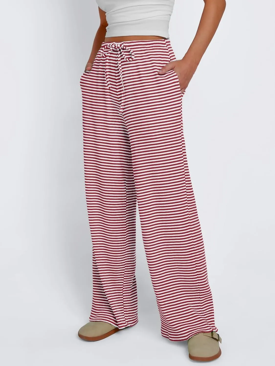 Trendy Queen Womens Striped Ribbed Wide Leg Pants Casual Drawstring Elastic Waist Baggy Sweatpants with Pockets