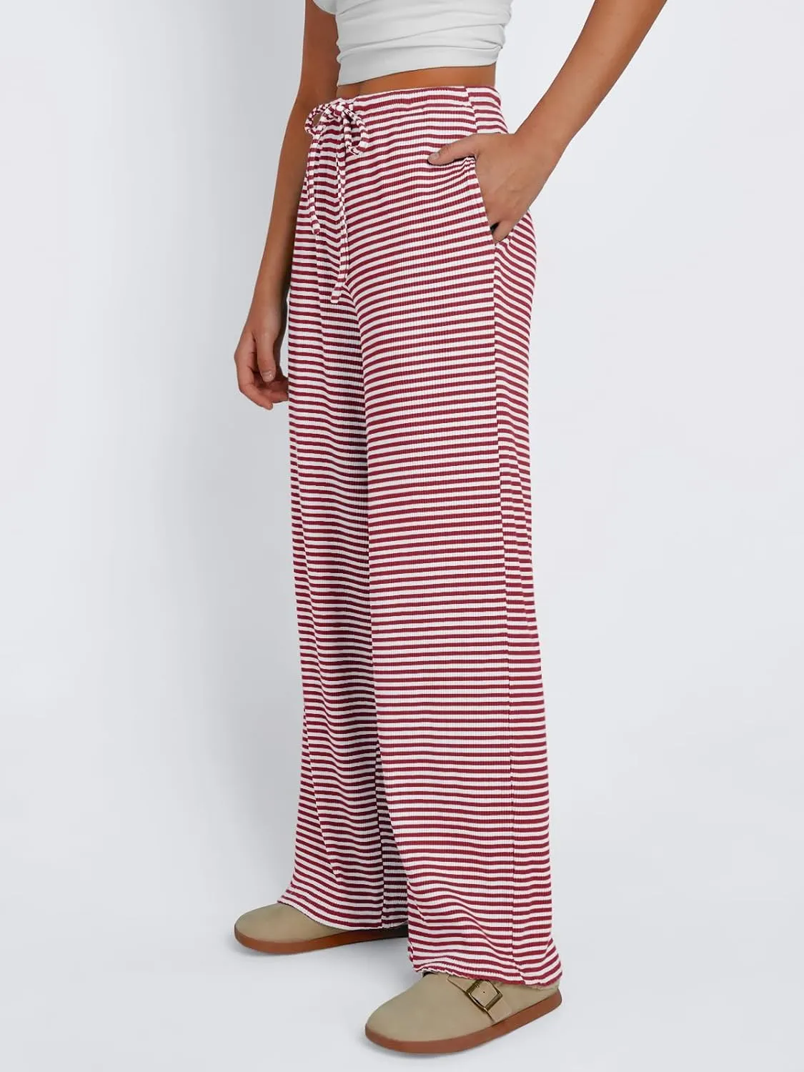 Trendy Queen Womens Striped Ribbed Wide Leg Pants Casual Drawstring Elastic Waist Baggy Sweatpants with Pockets