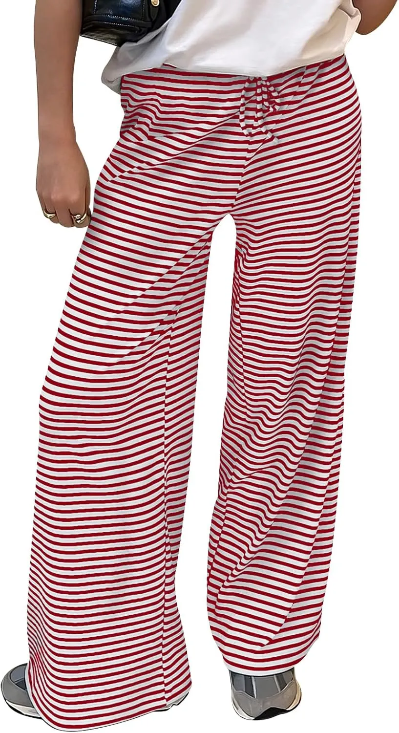 Trendy Queen Womens Striped Ribbed Wide Leg Pants Casual Drawstring Elastic Waist Baggy Sweatpants with Pockets