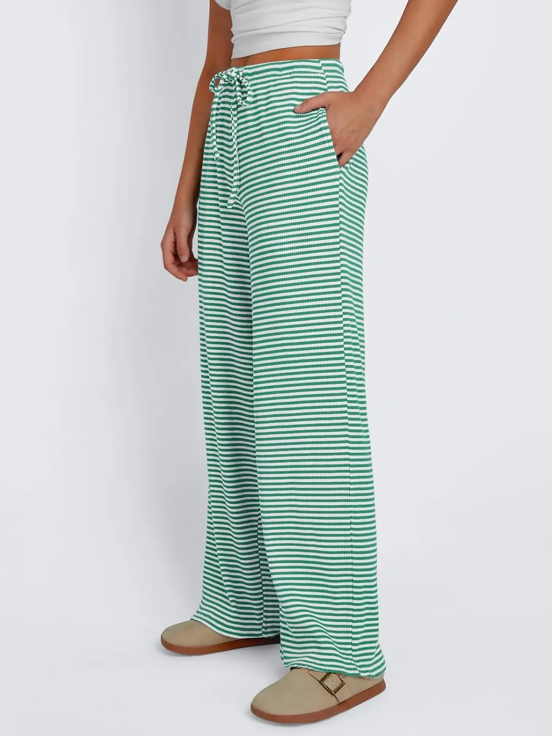 Trendy Queen Womens Striped Ribbed Wide Leg Pants Casual Drawstring Elastic Waist Baggy Sweatpants with Pockets
