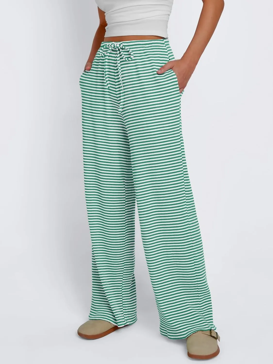 Trendy Queen Womens Striped Ribbed Wide Leg Pants Casual Drawstring Elastic Waist Baggy Sweatpants with Pockets
