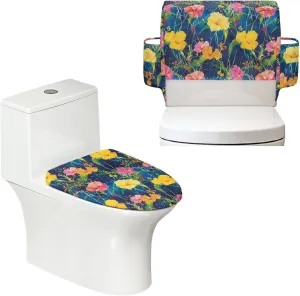 Tropical Flower Pattern 2 Pack Toilet Lid Cover with Toilet Tank Cover, Adjustable Toilet Protector with 2 Storage Bags, 15-21 in, Fits Most Round Elongated and Oblong Lids