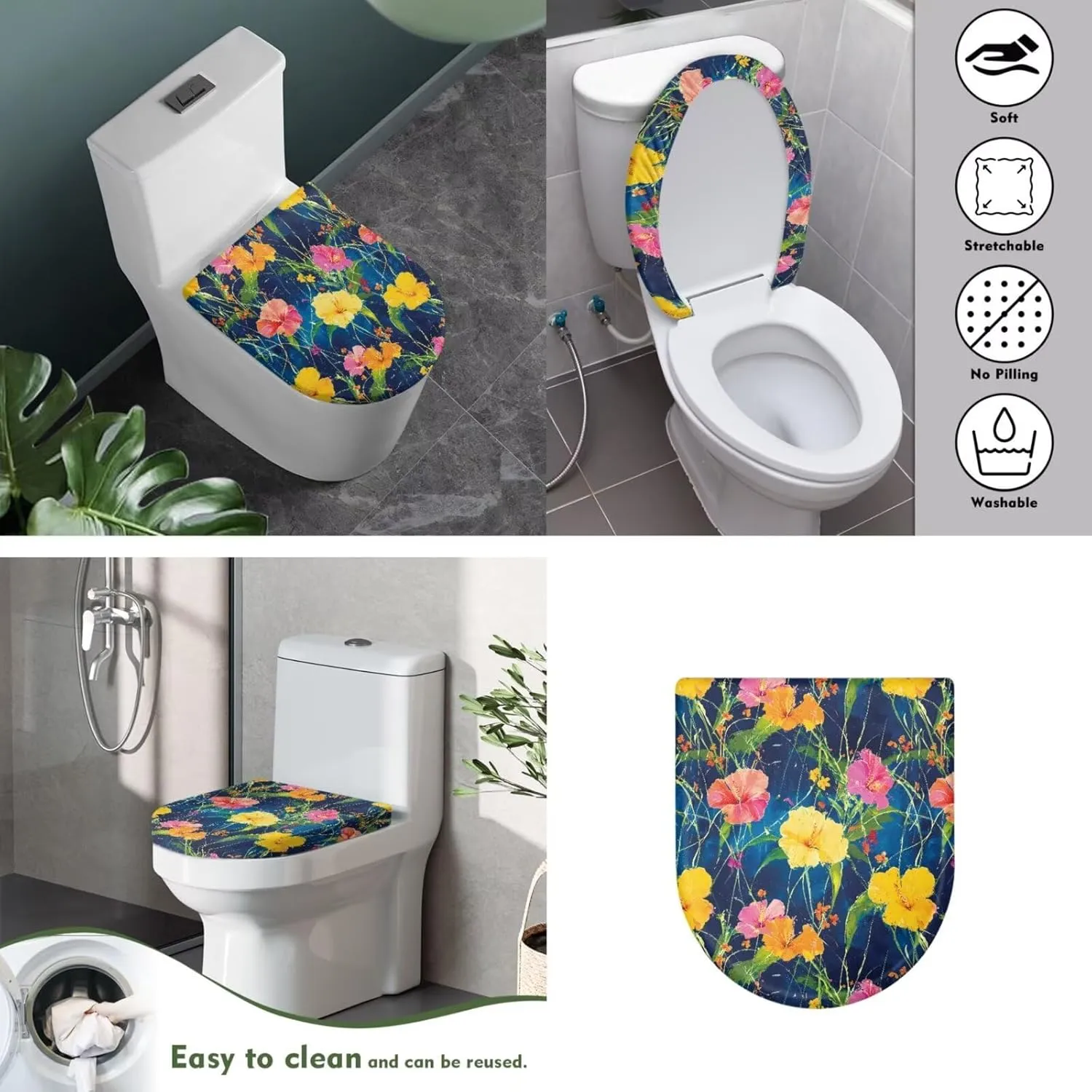 Tropical Flower Pattern 2 Pack Toilet Lid Cover with Toilet Tank Cover, Adjustable Toilet Protector with 2 Storage Bags, 15-21 in, Fits Most Round Elongated and Oblong Lids