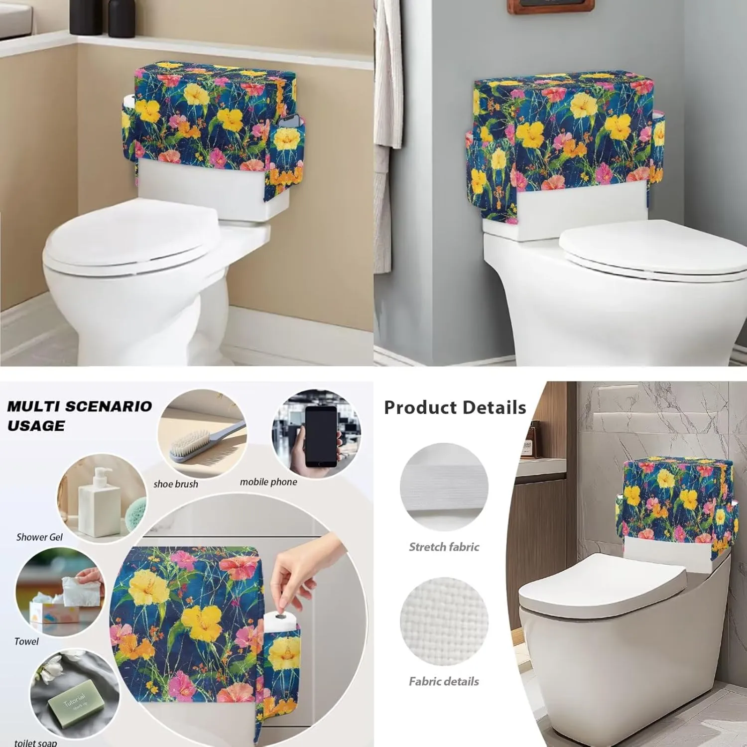 Tropical Flower Pattern 2 Pack Toilet Lid Cover with Toilet Tank Cover, Adjustable Toilet Protector with 2 Storage Bags, 15-21 in, Fits Most Round Elongated and Oblong Lids