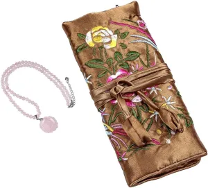 TUMBEELLUWA Embroidery Travel Jewelry Bag & Rose Quartz Healing Crystal 4mm Rose Flower Beaded Necklace for Women