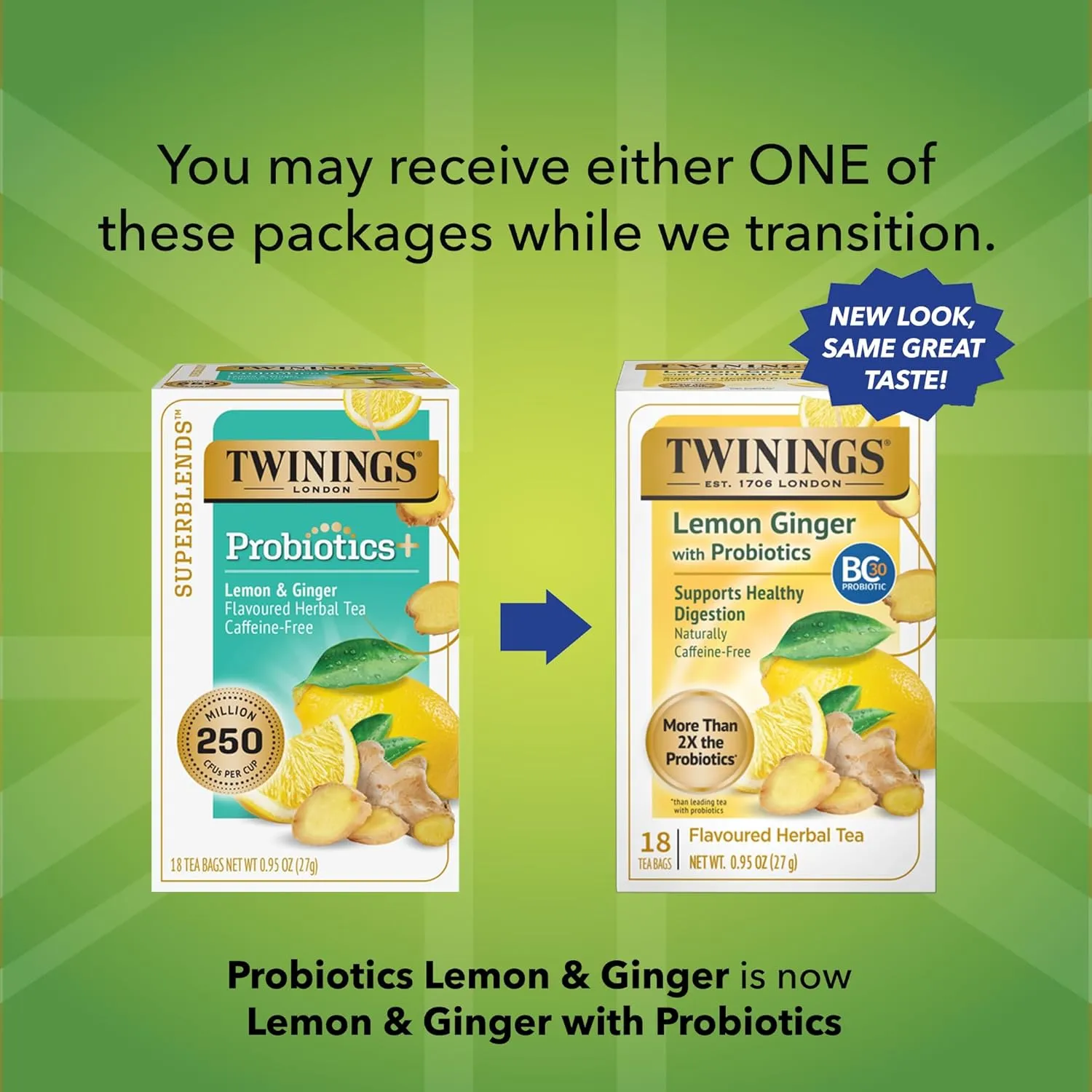 Twinings Superblends Probiotics  Lemon & Ginger Flavoured Herbal Tea with Turmeric, Naturally Caffeine-Free, 18 Tea Bags (Pack of 6), Enjoy Hot or Iced, 108 Teabags