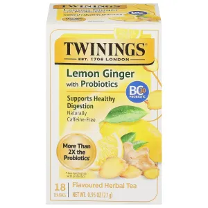 Twinings Superblends Probiotics  Lemon & Ginger Flavoured Herbal Tea with Turmeric, Naturally Caffeine-Free, 18 Tea Bags (Pack of 6), Enjoy Hot or Iced, 108 Teabags