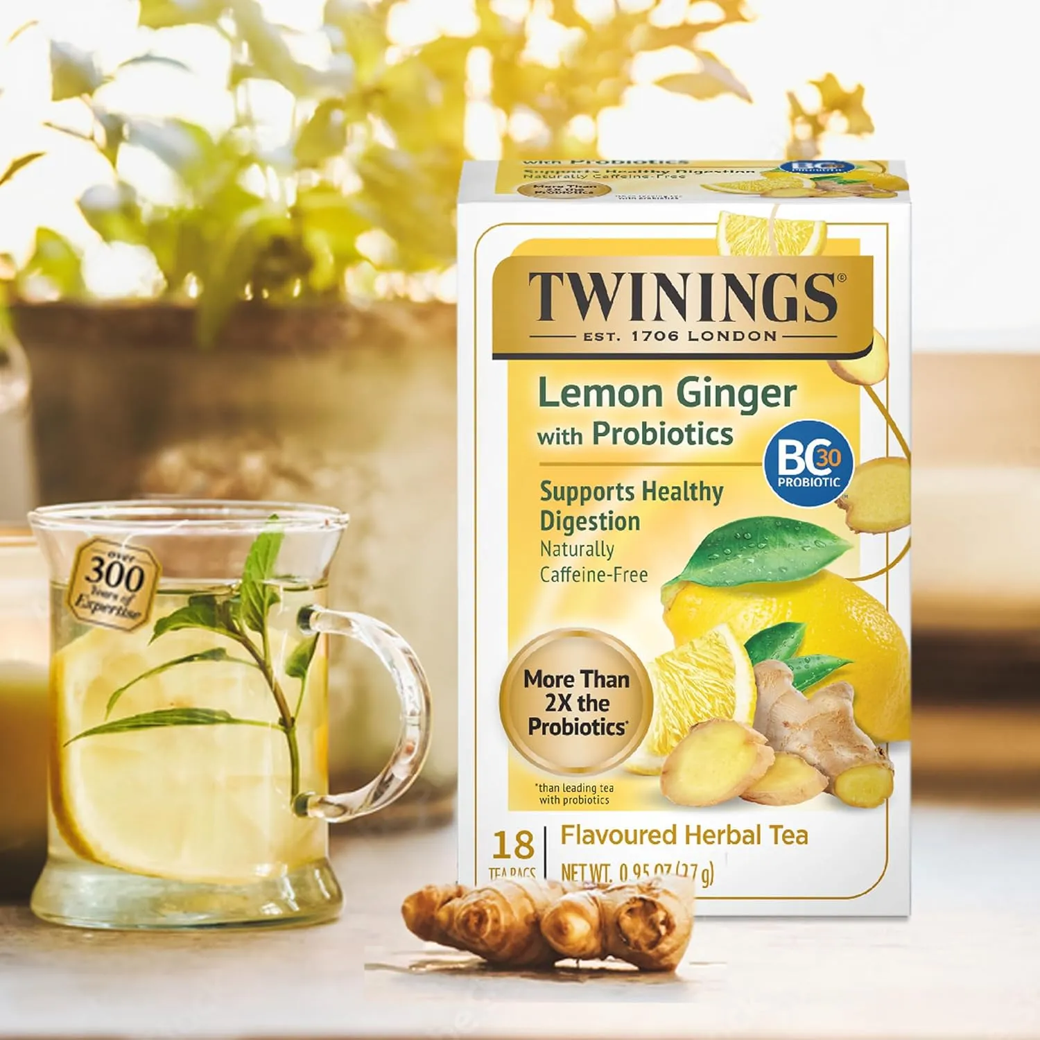 Twinings Superblends Probiotics  Lemon & Ginger Flavoured Herbal Tea with Turmeric, Naturally Caffeine-Free, 18 Tea Bags (Pack of 6), Enjoy Hot or Iced, 108 Teabags