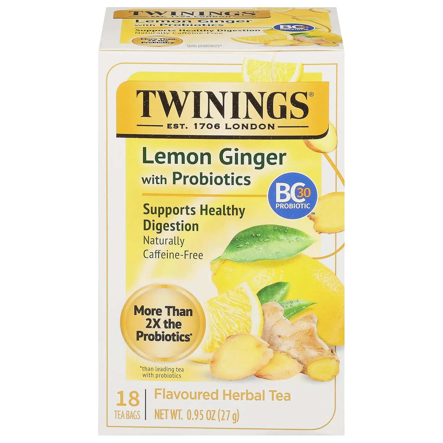 Twinings Superblends Probiotics  Lemon & Ginger Flavoured Herbal Tea with Turmeric, Naturally Caffeine-Free, 18 Tea Bags (Pack of 6), Enjoy Hot or Iced, 108 Teabags