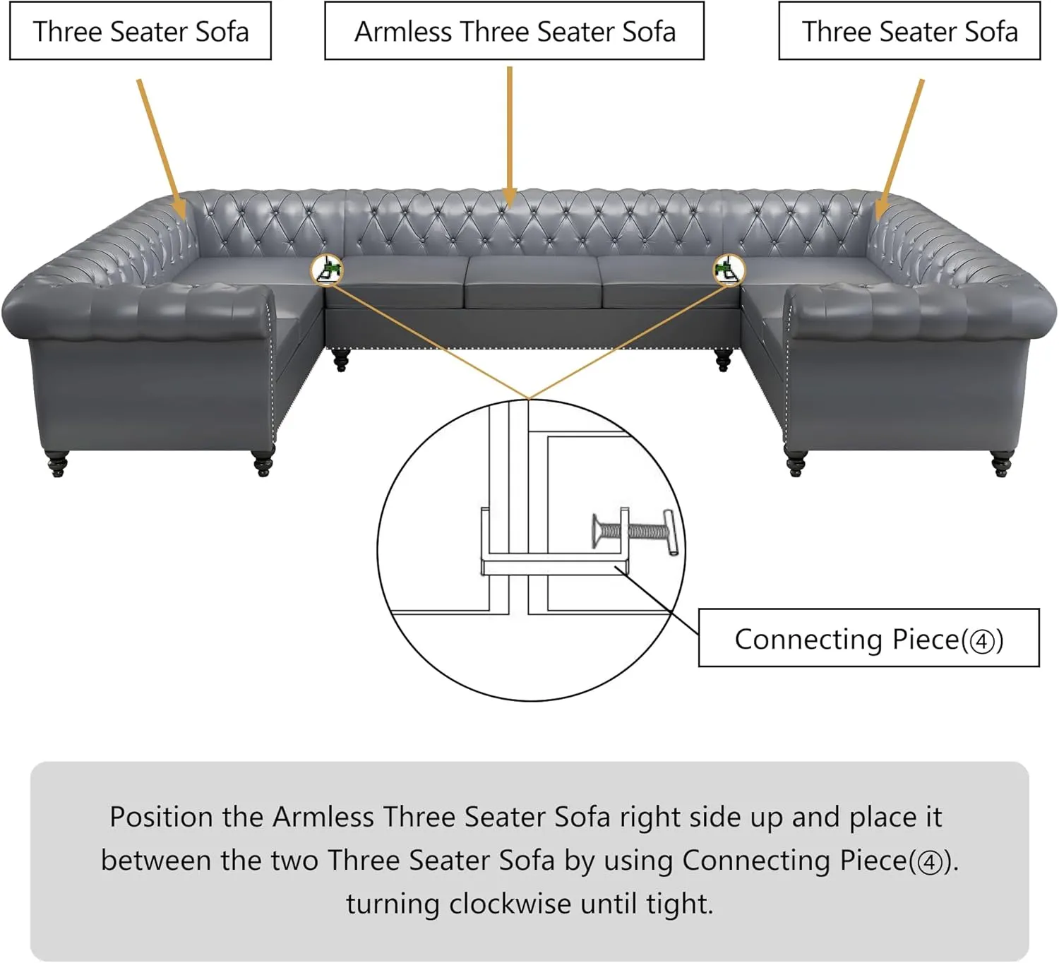 U Shaped Large Sectional Sofa, Chesterfield Leather Faux Couch Tufted Accent Sofa with Scroll Arms and Nailhead for Living Room, Office (Grey)