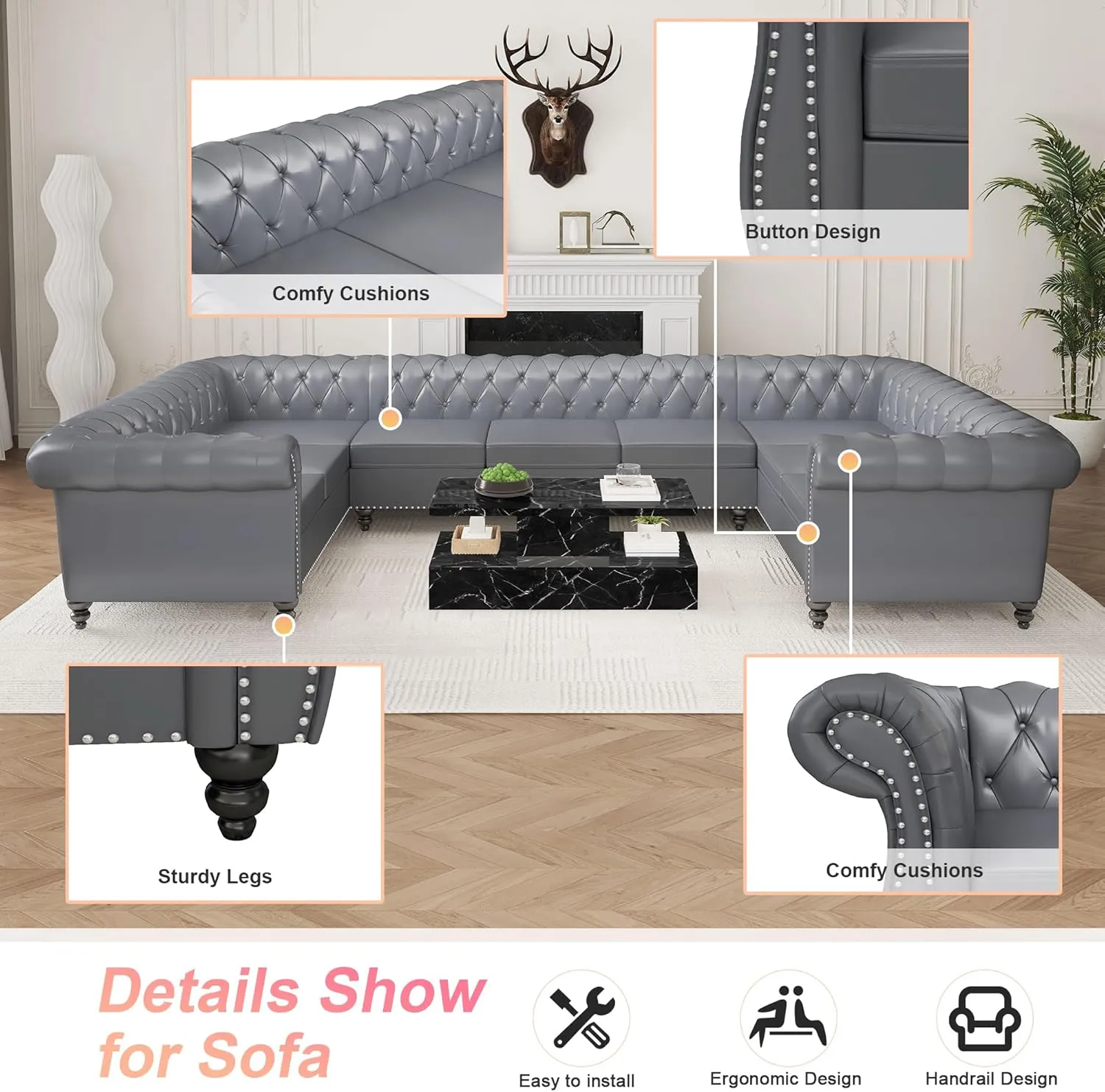 U Shaped Large Sectional Sofa, Chesterfield Leather Faux Couch Tufted Accent Sofa with Scroll Arms and Nailhead for Living Room, Office (Grey)