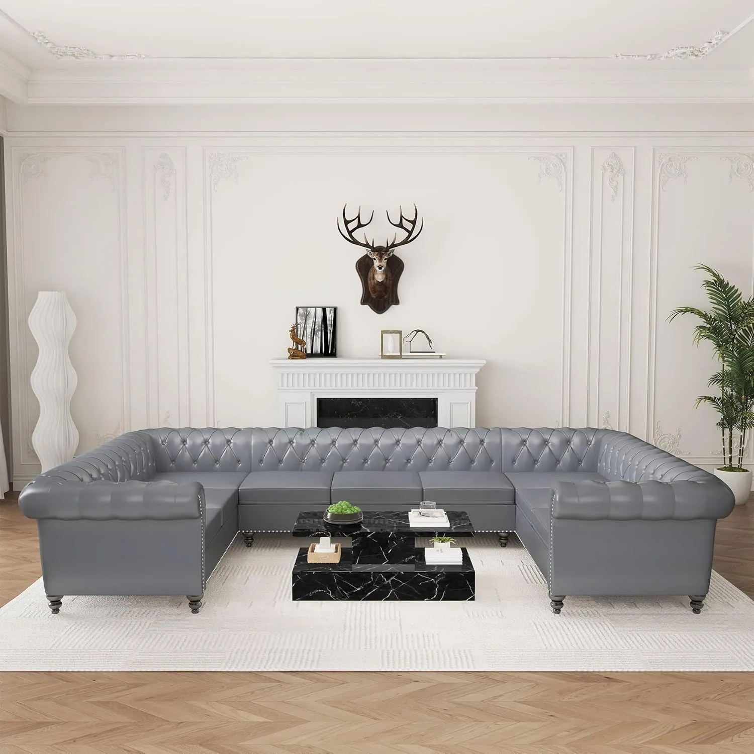 U Shaped Large Sectional Sofa, Chesterfield Leather Faux Couch Tufted Accent Sofa with Scroll Arms and Nailhead for Living Room, Office (Grey)