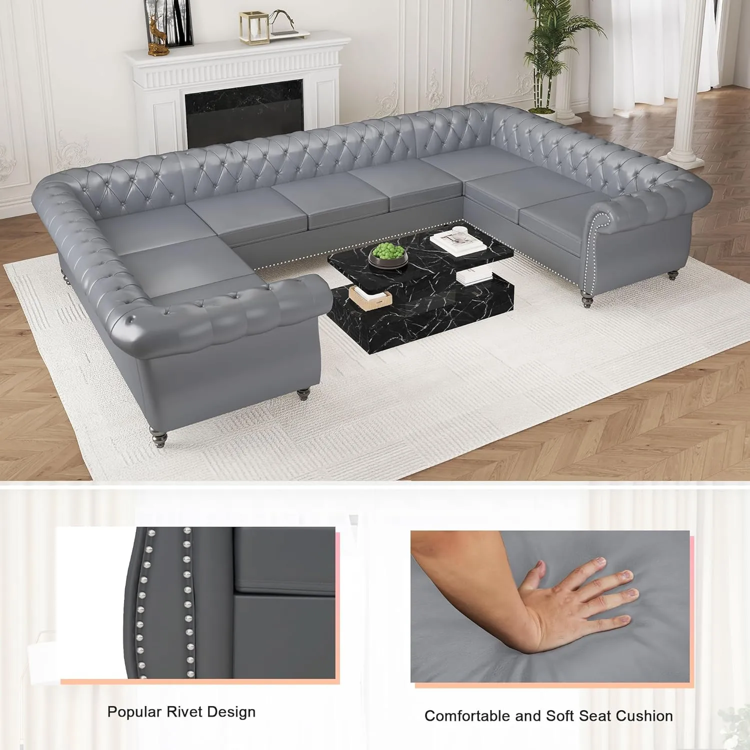 U Shaped Large Sectional Sofa, Chesterfield Leather Faux Couch Tufted Accent Sofa with Scroll Arms and Nailhead for Living Room, Office (Grey)