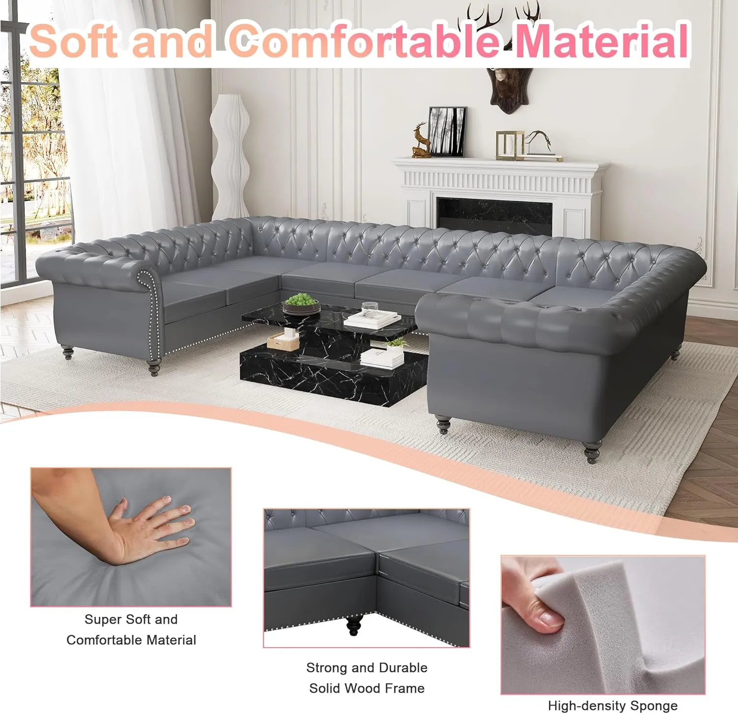 U Shaped Large Sectional Sofa, Chesterfield Leather Faux Couch Tufted Accent Sofa with Scroll Arms and Nailhead for Living Room, Office (Grey)