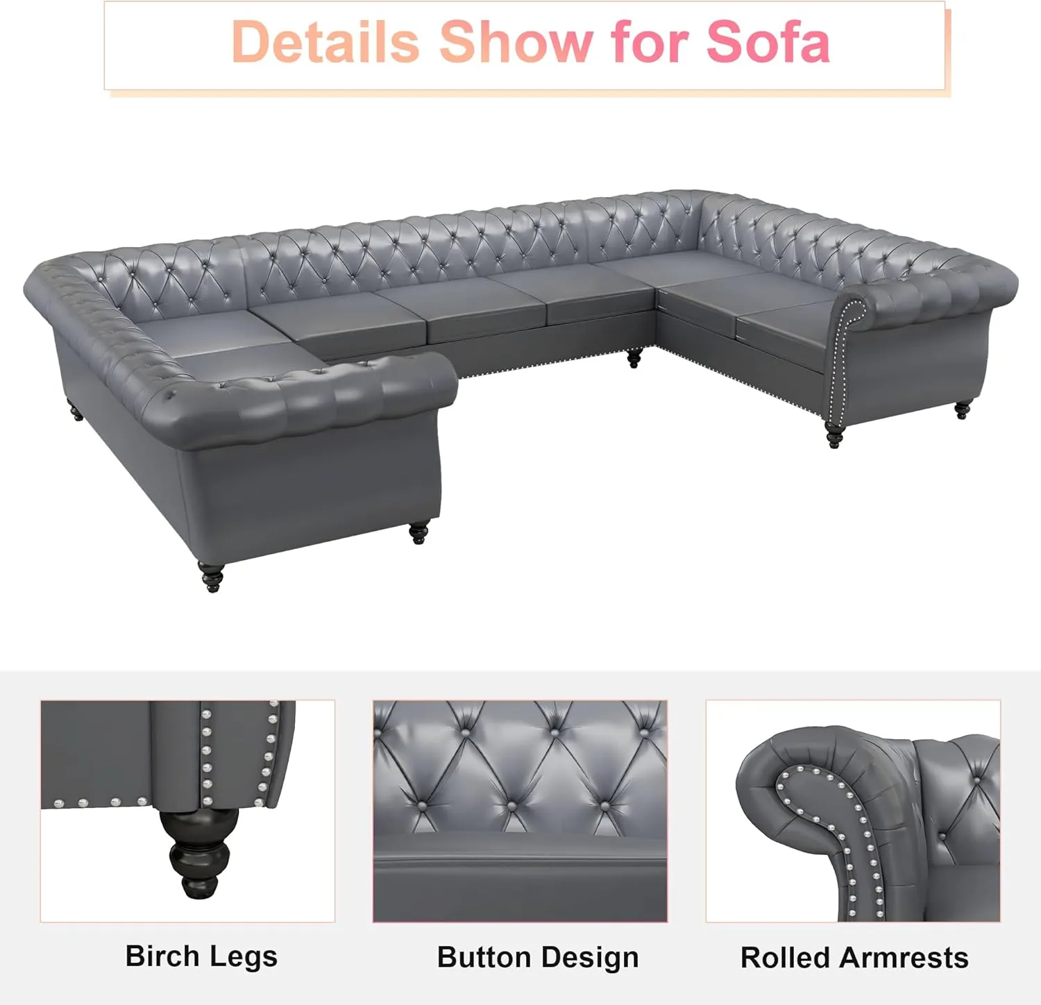 U Shaped Large Sectional Sofa, Chesterfield Leather Faux Couch Tufted Accent Sofa with Scroll Arms and Nailhead for Living Room, Office (Grey)