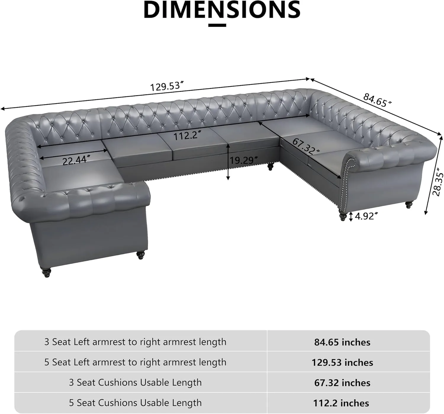 U Shaped Large Sectional Sofa, Chesterfield Leather Faux Couch Tufted Accent Sofa with Scroll Arms and Nailhead for Living Room, Office (Grey)
