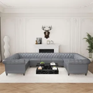 U Shaped Large Sectional Sofa, Chesterfield Leather Faux Couch Tufted Accent Sofa with Scroll Arms and Nailhead for Living Room, Office (Grey)
