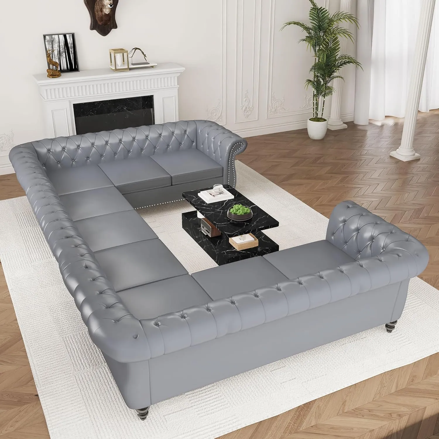 U Shaped Large Sectional Sofa, Chesterfield Leather Faux Couch Tufted Accent Sofa with Scroll Arms and Nailhead for Living Room, Office (Grey)